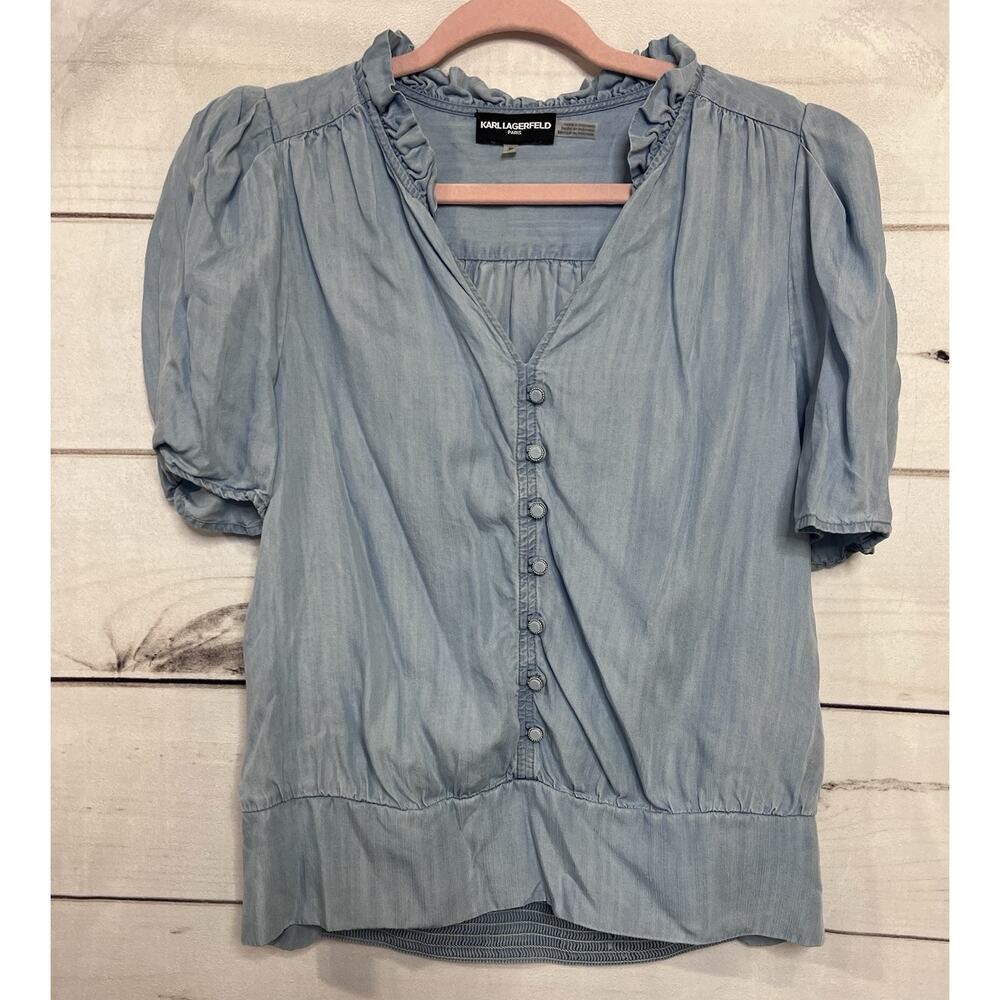 Karl Lagerfeld Light Blue Button-Front Short Sleeve Blouse